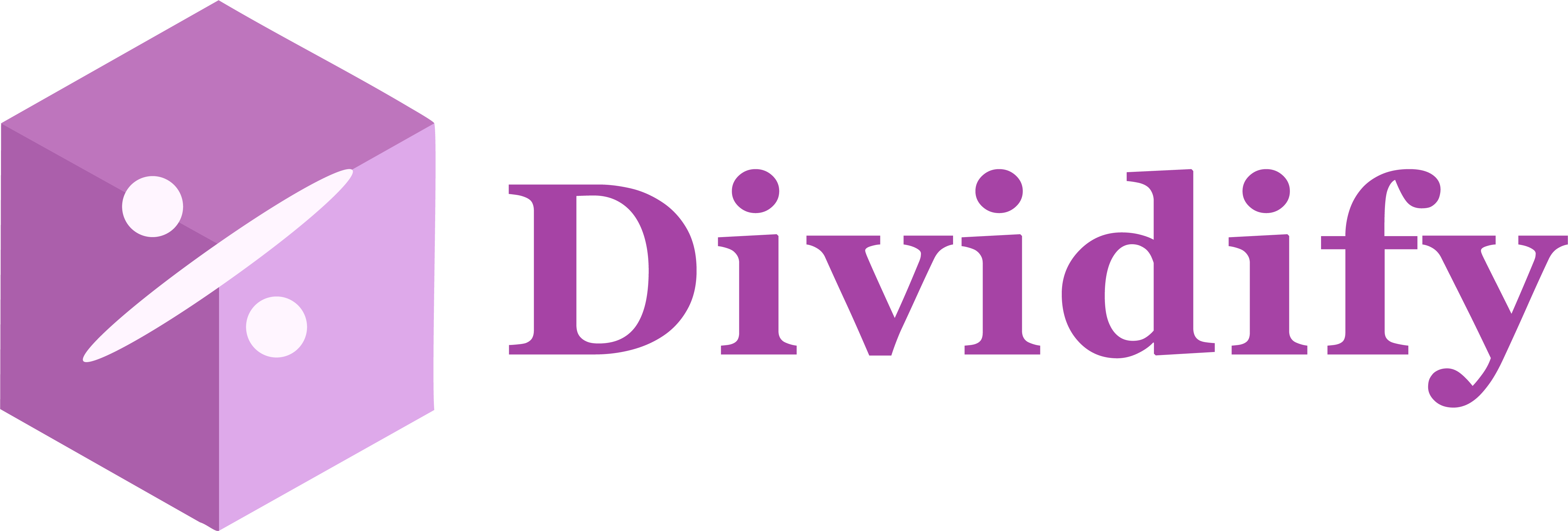 purple cube with a division sign over it and the Dividify label in purple